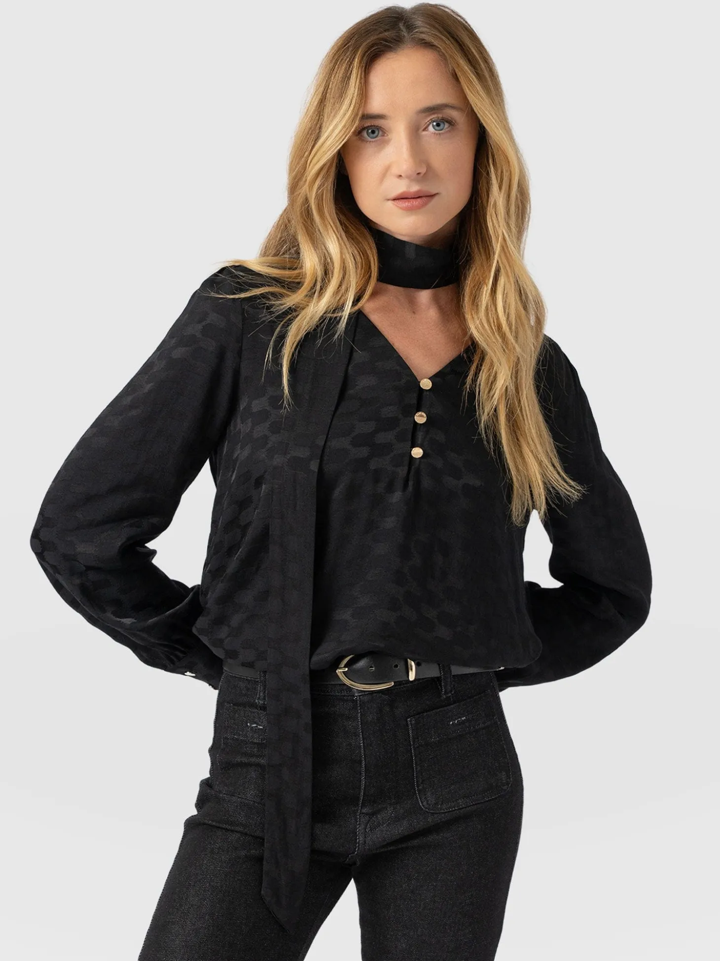 Joselyn V Neck Blouse - Black Jacquard