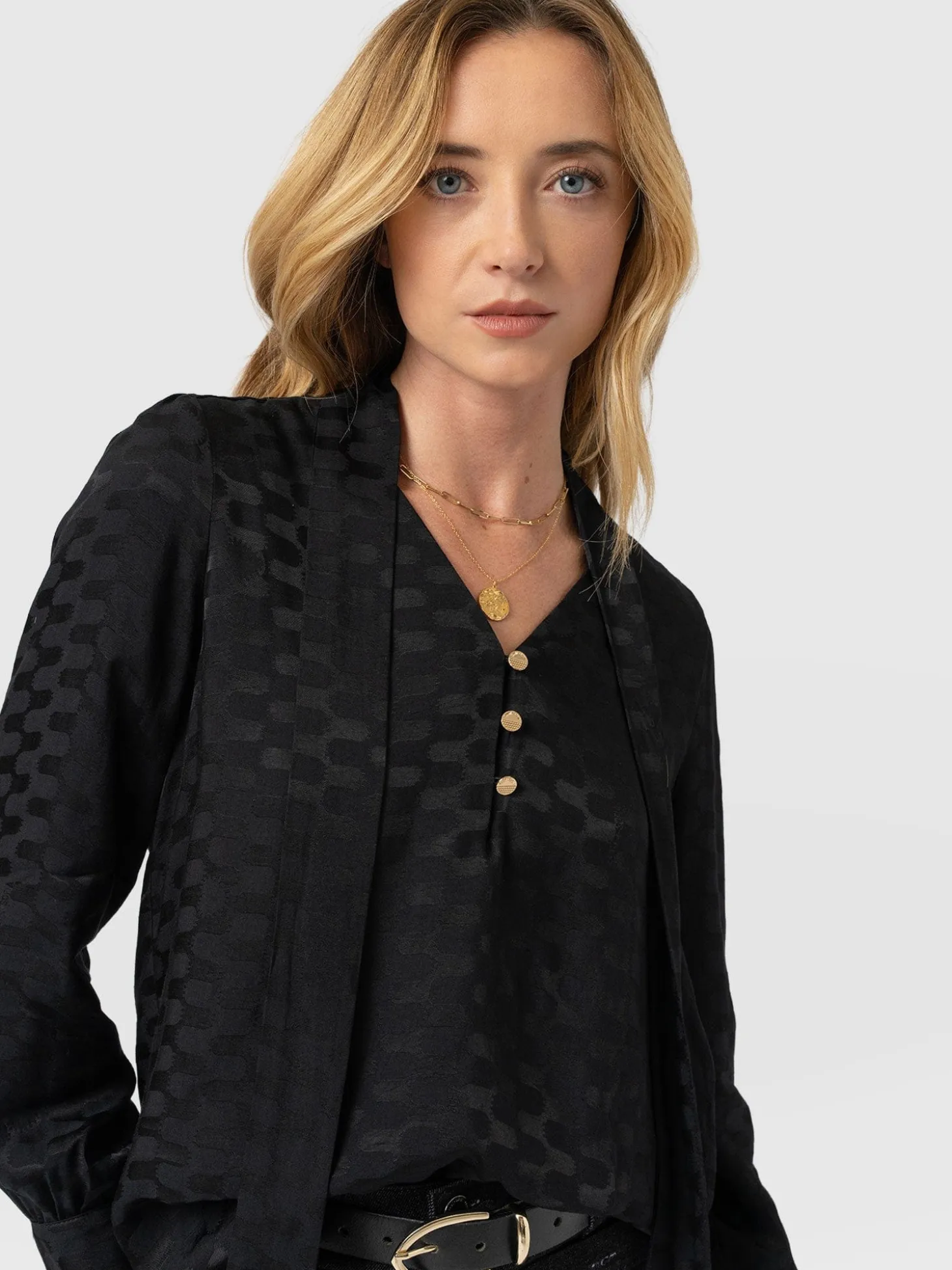 Joselyn V Neck Blouse - Black Jacquard