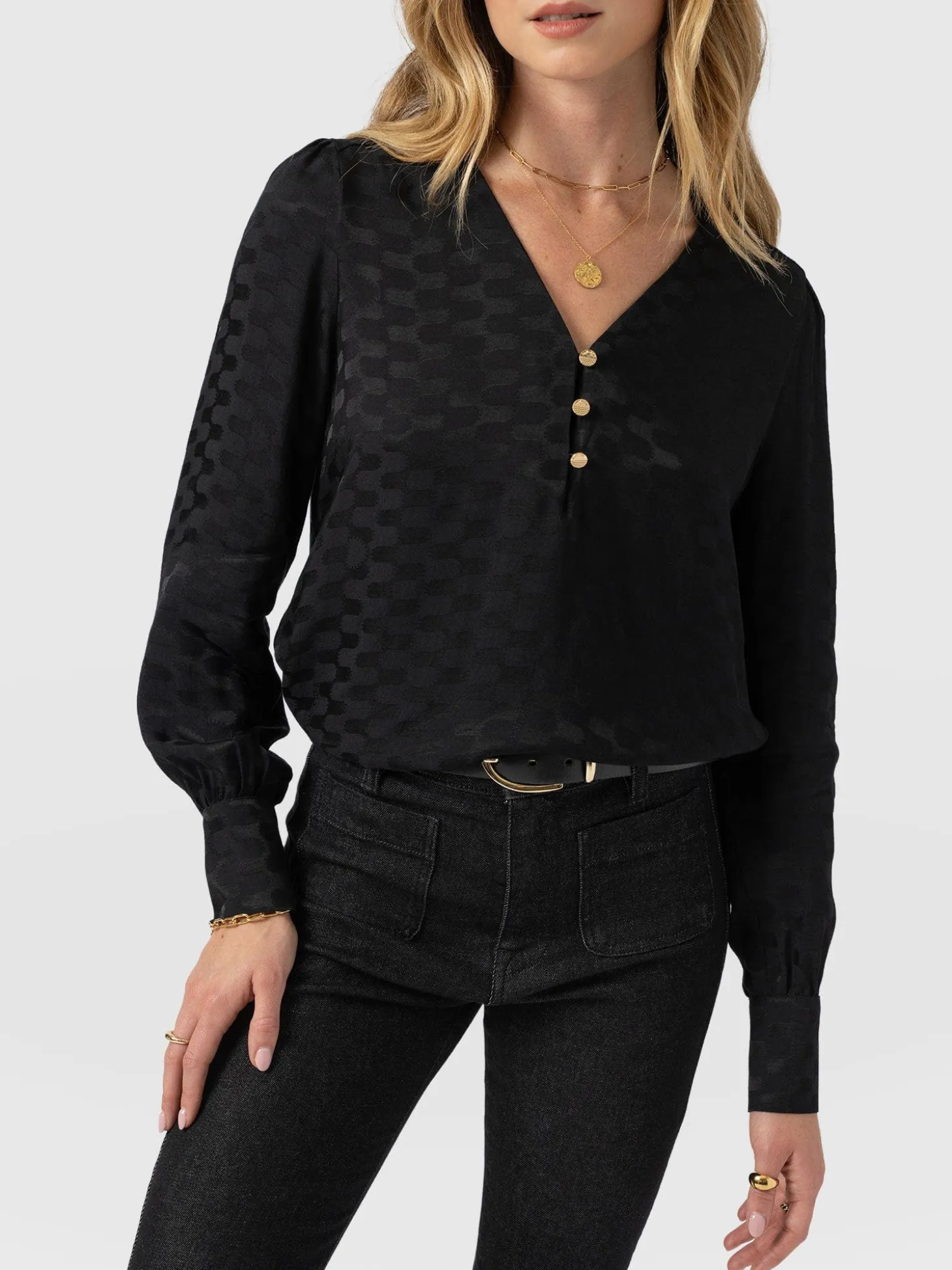 Joselyn V Neck Blouse - Black Jacquard