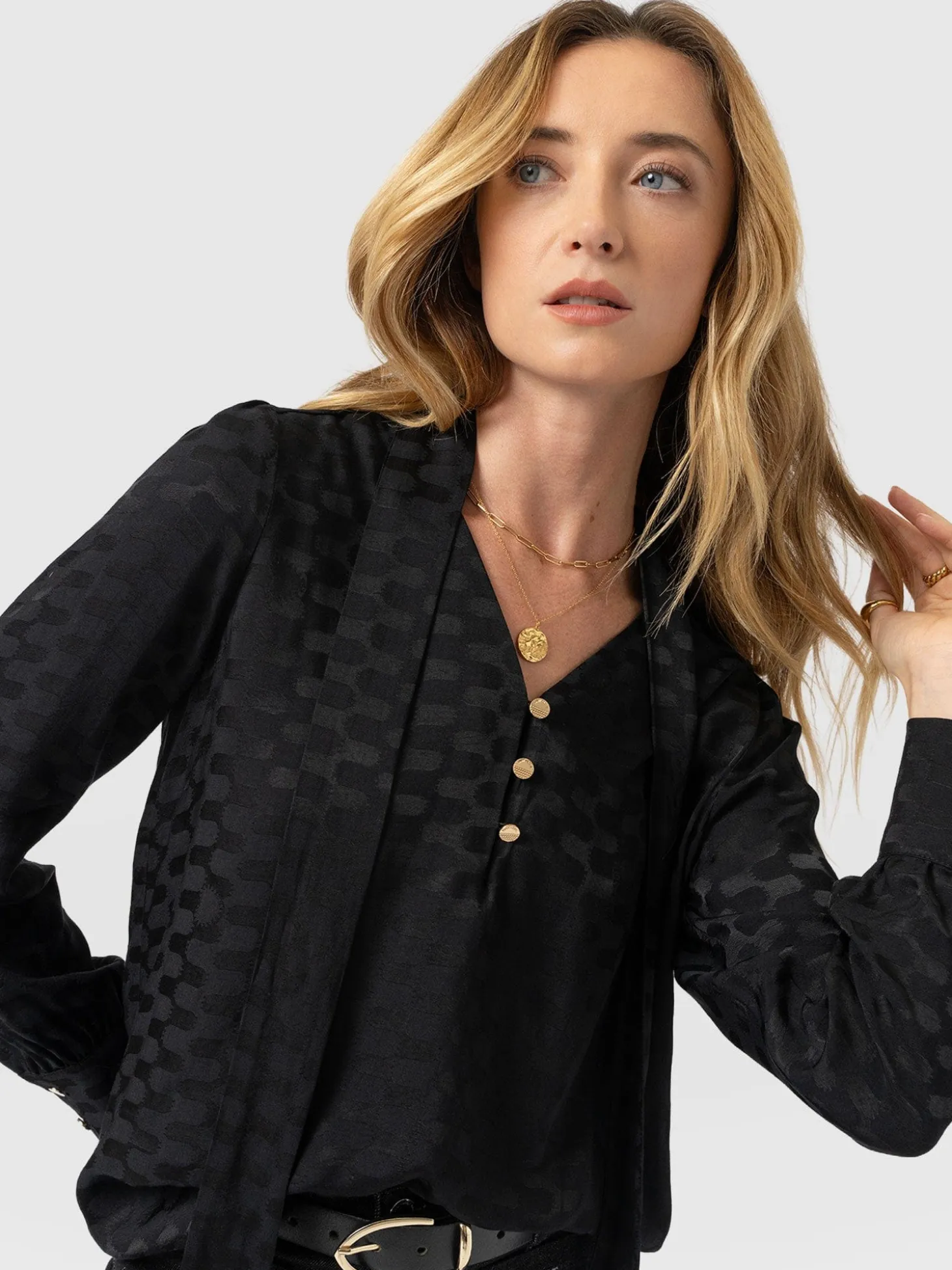 Joselyn V Neck Blouse - Black Jacquard