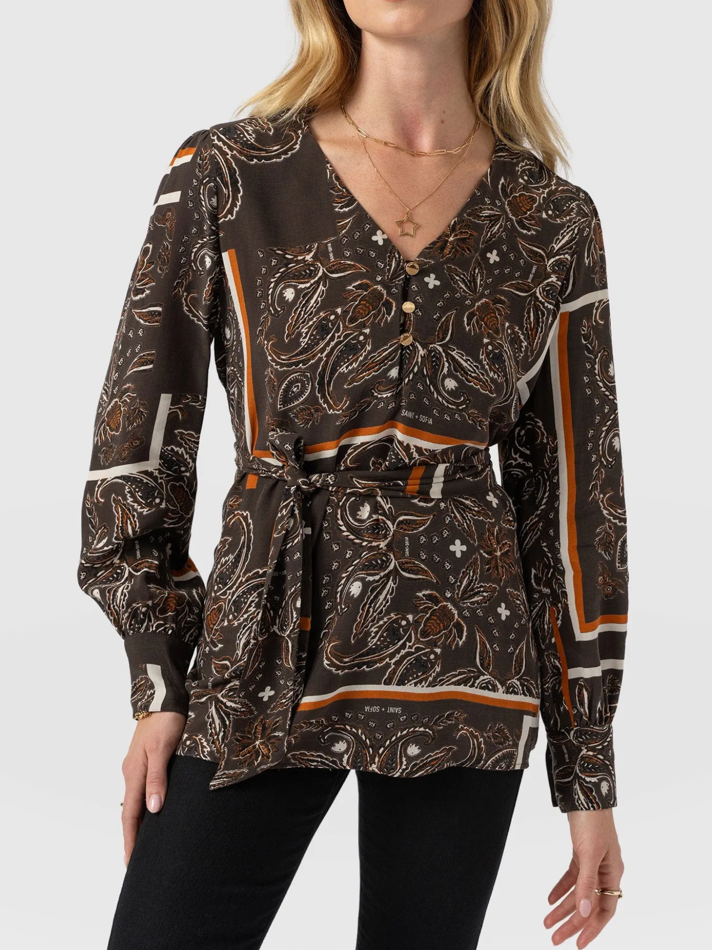 Joselyn V Neck Blouse - Brown Paisley