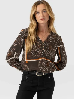Joselyn V Neck Blouse - Brown Paisley
