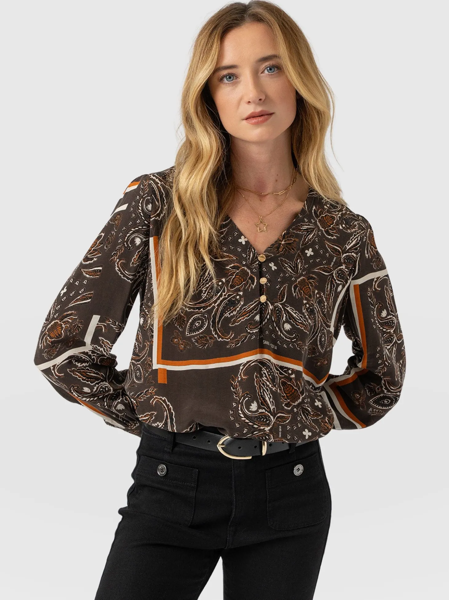 Joselyn V Neck Blouse - Brown Paisley