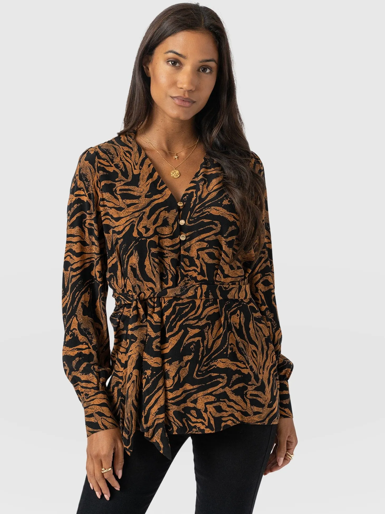 Joselyn V Neck Blouse - Brown Zebra