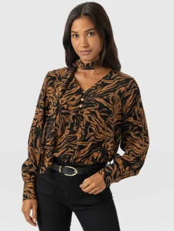 Joselyn V Neck Blouse - Brown Zebra