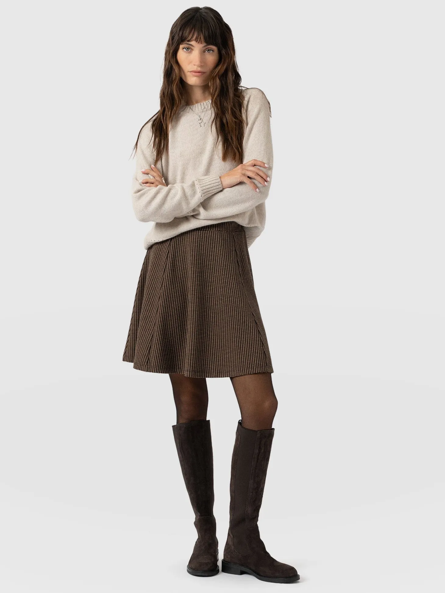 Macie Mini Skirt - Brown Mini Houndstooth