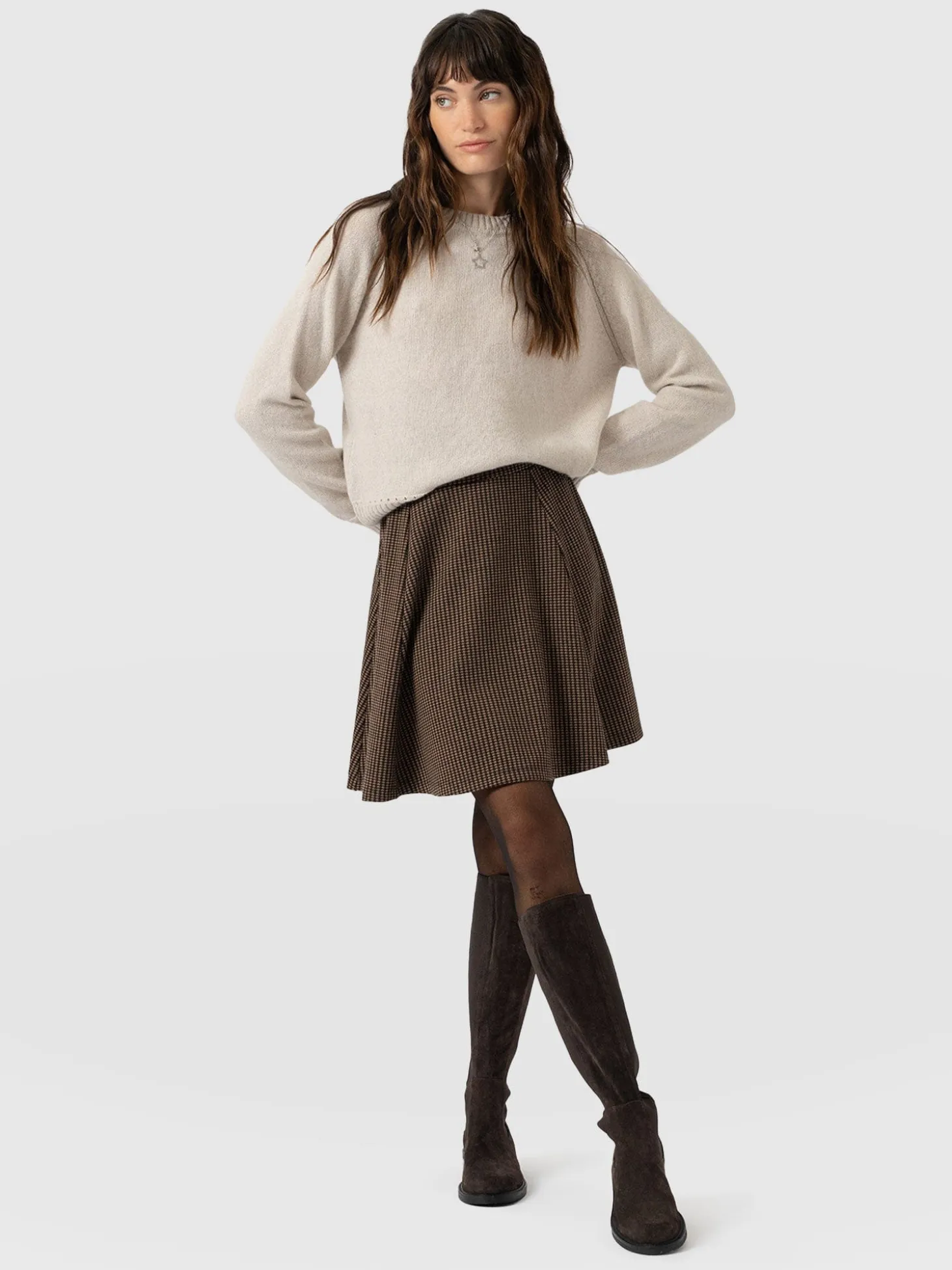 Macie Mini Skirt - Brown Mini Houndstooth