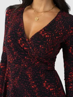 Maggie Wrap Midi Dress - Red Fade Spot