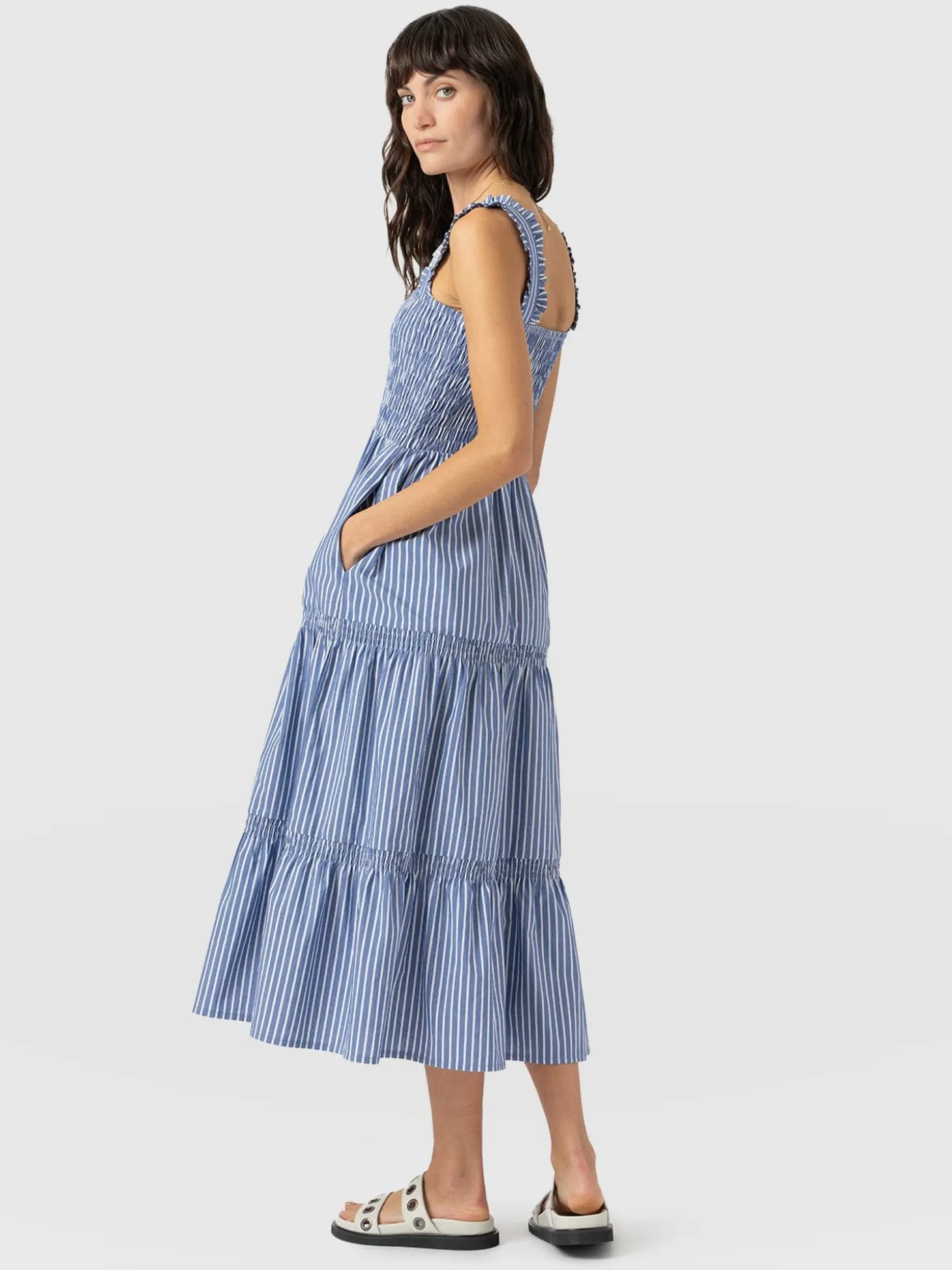 Maya Shirring Dress - Blue Stripe