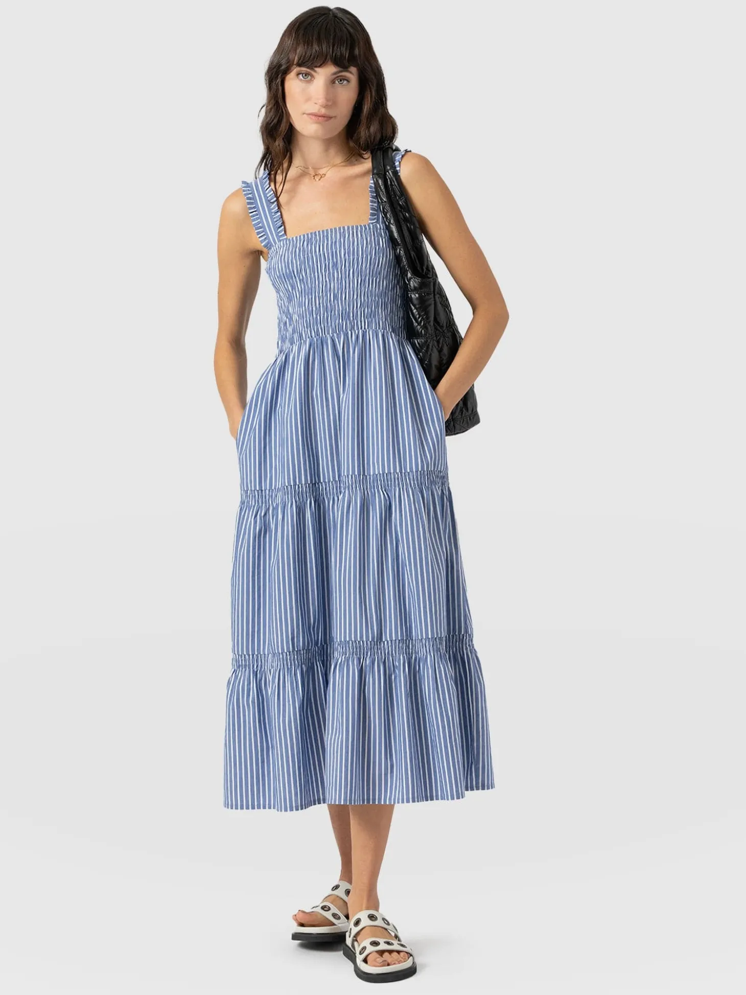 Maya Shirring Dress - Blue Stripe
