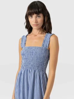 Maya Shirring Dress - Blue Stripe