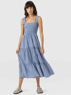 Maya Shirring Dress - Blue Stripe