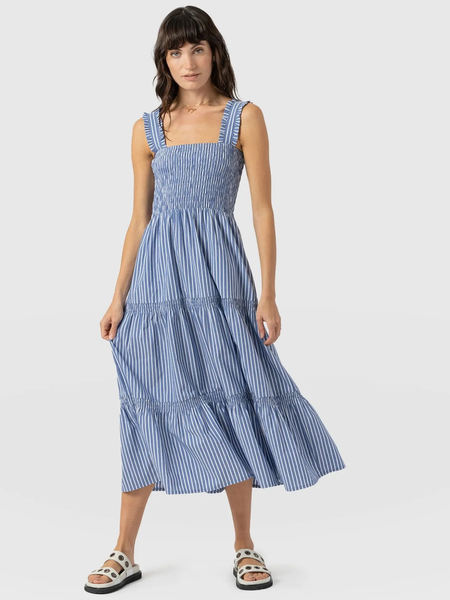 Maya Shirring Dress - Blue Stripe