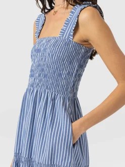 Maya Shirring Dress - Blue Stripe