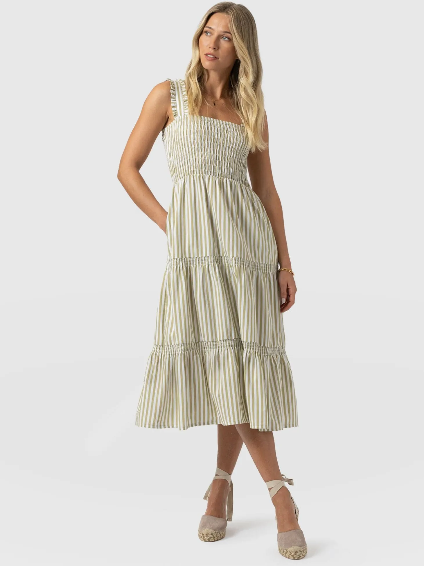 Maya Shirring Dress - Green Stripe