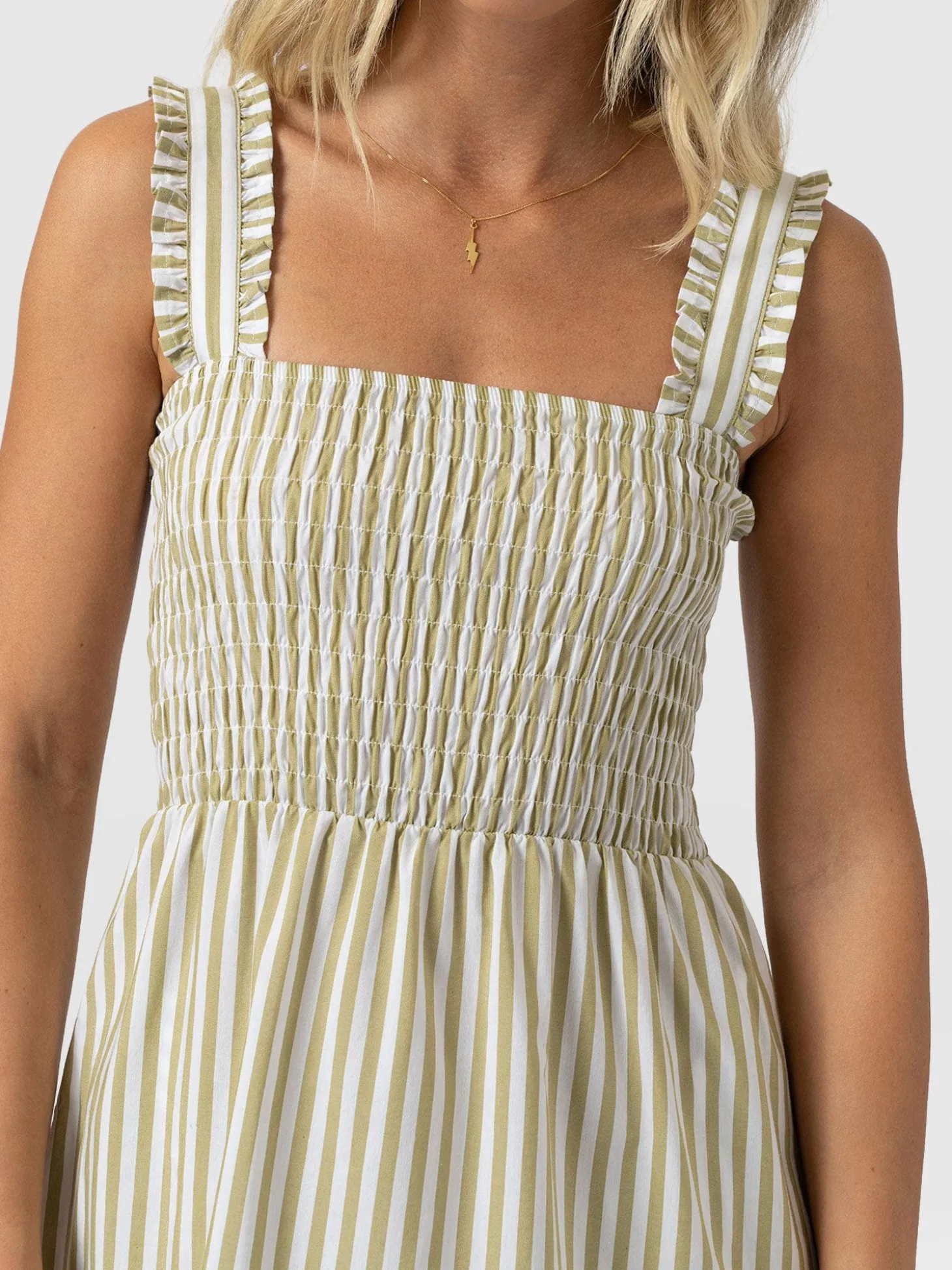 Maya Shirring Dress - Green Stripe