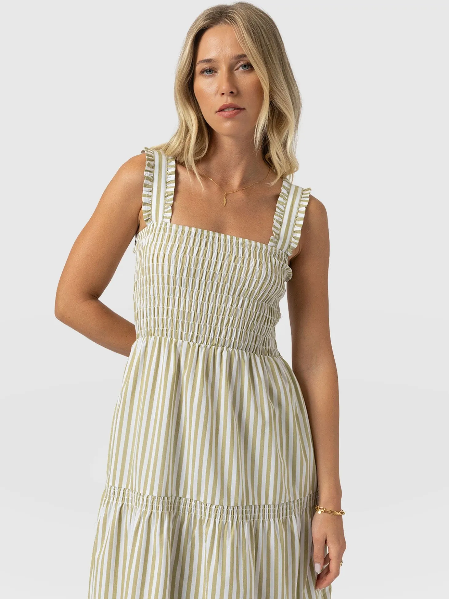 Maya Shirring Dress - Green Stripe