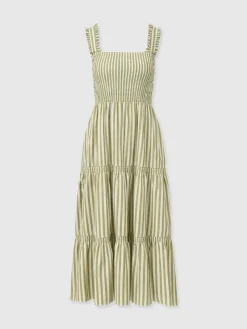 Maya Shirring Dress - Green Stripe