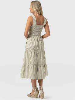 Maya Shirring Dress - Green Stripe