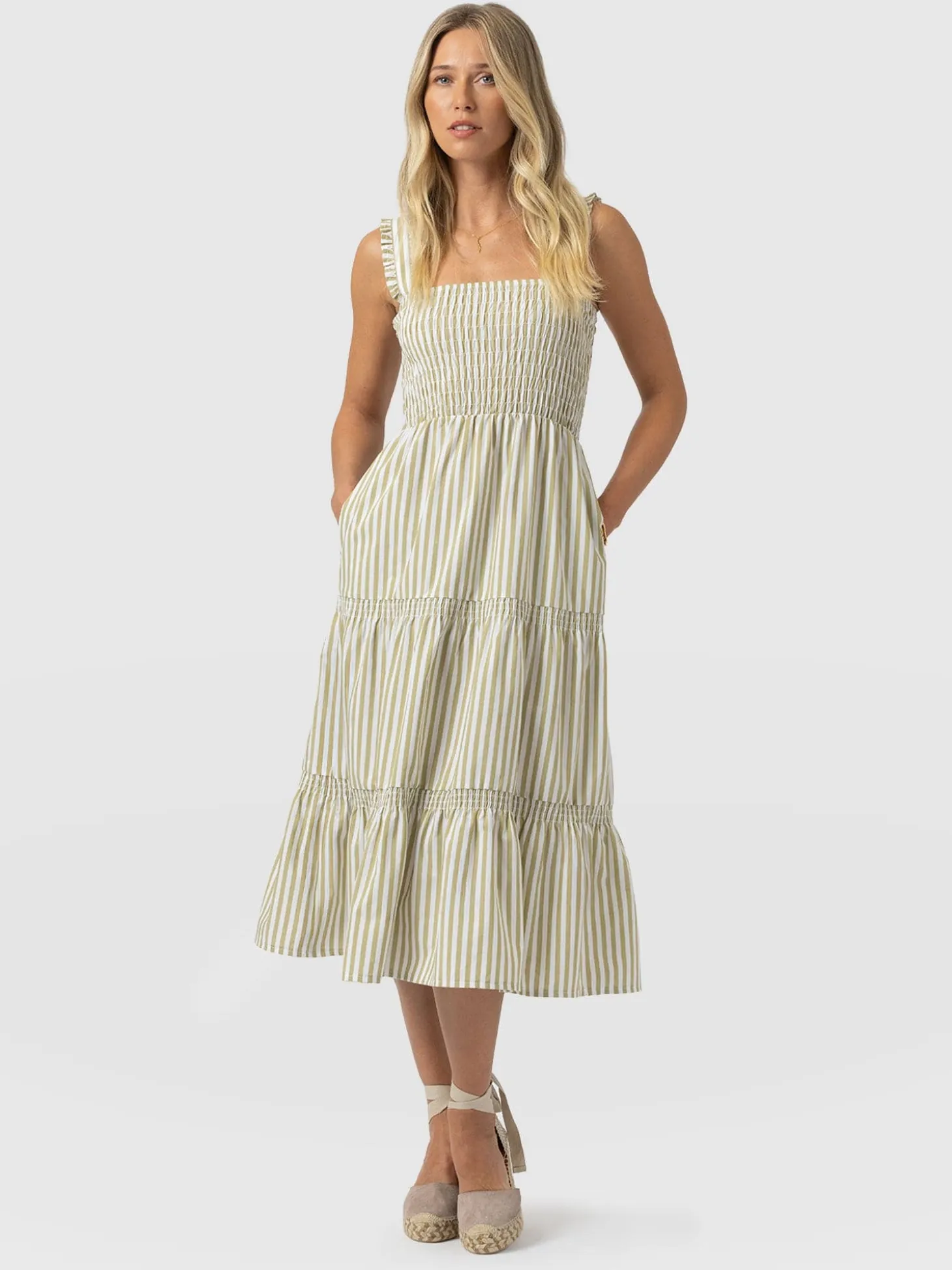 Maya Shirring Dress - Green Stripe