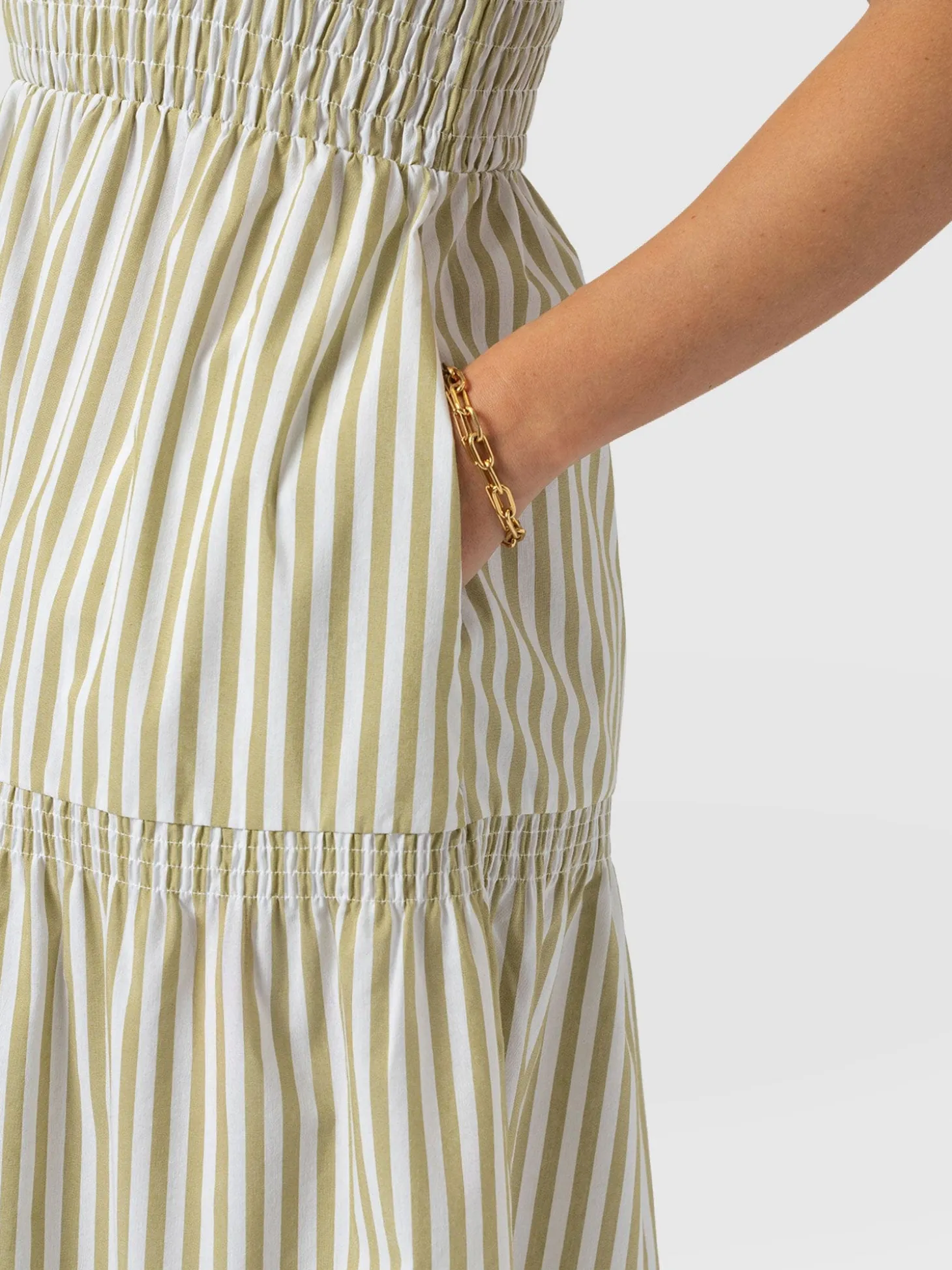 Maya Shirring Dress - Green Stripe
