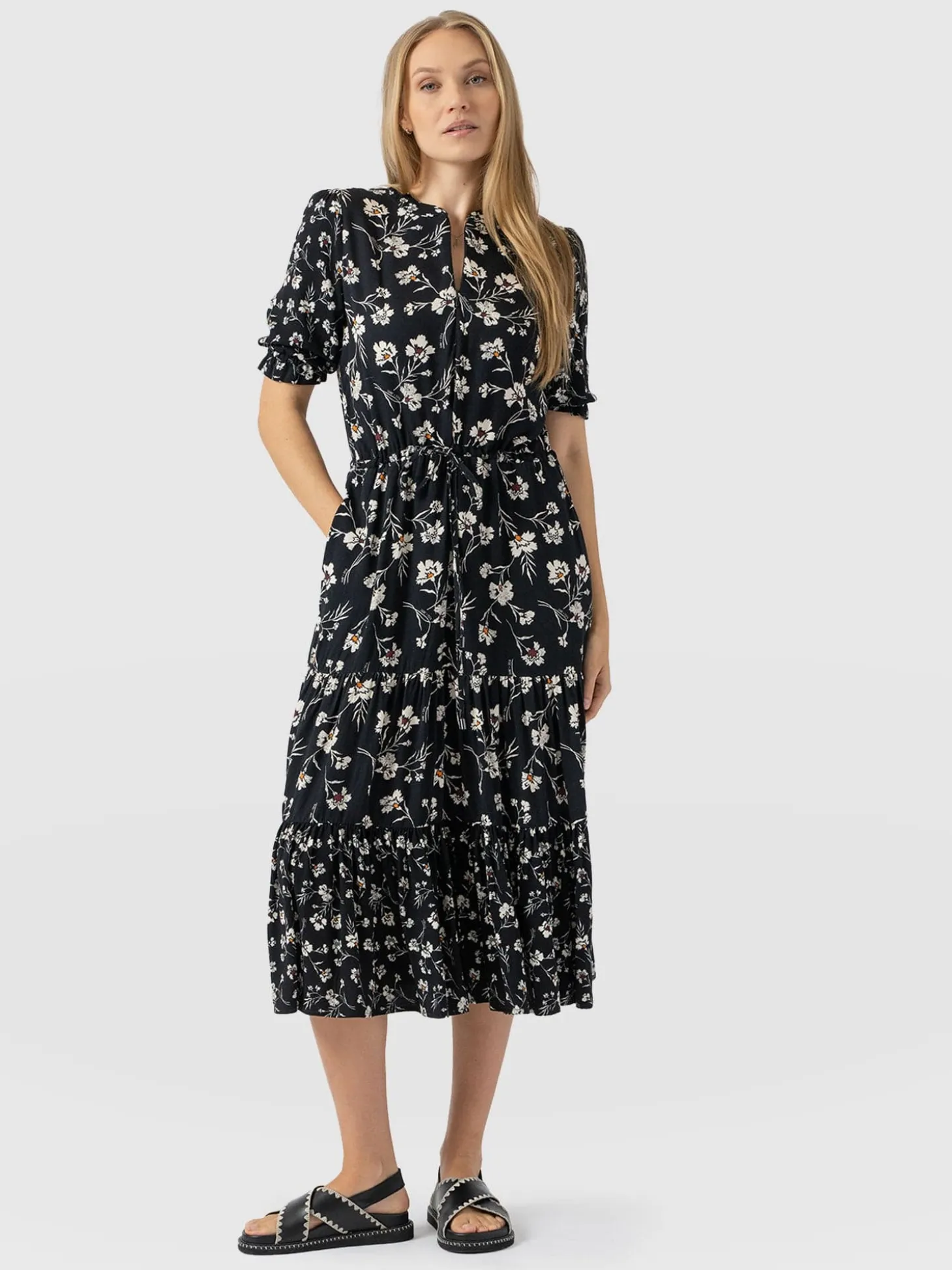 Olivia Zip Up Short Sleeve Dress - Black Spring Floral