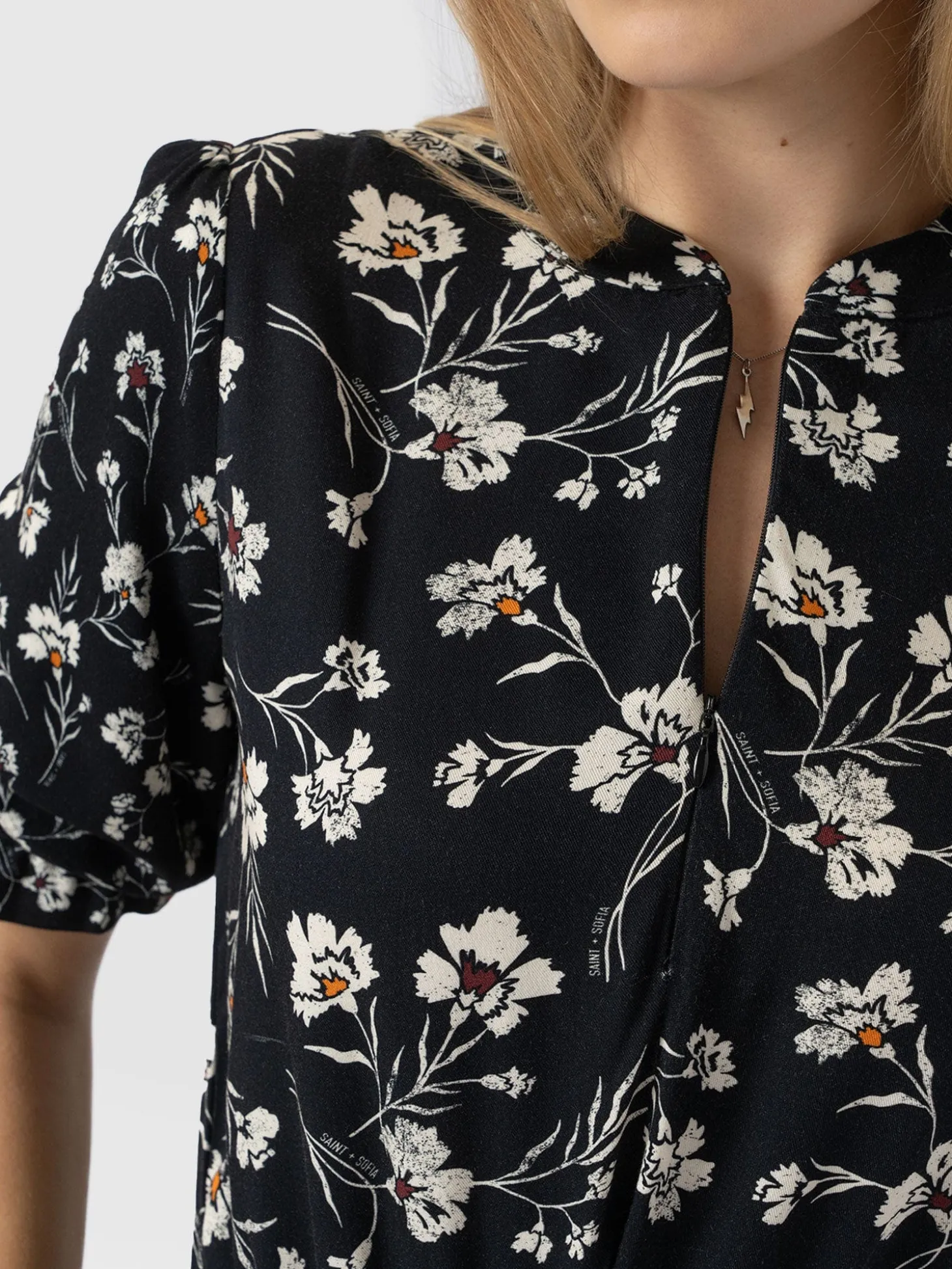 Olivia Zip Up Short Sleeve Dress - Black Spring Floral