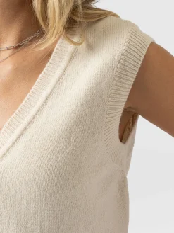 Oxford Cashmere V Neck Sleeveless Knit - Cream