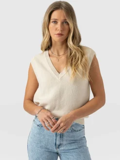 Oxford Cashmere V Neck Sleeveless Knit - Cream
