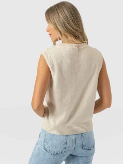 Oxford Cashmere V Neck Sleeveless Knit - Cream