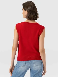 Oxford Cashmere V Neck Sleeveless Knit - Red