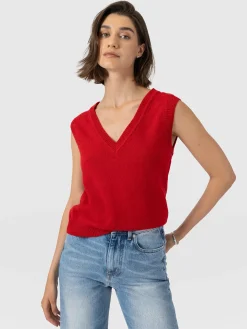 Oxford Cashmere V Neck Sleeveless Knit - Red