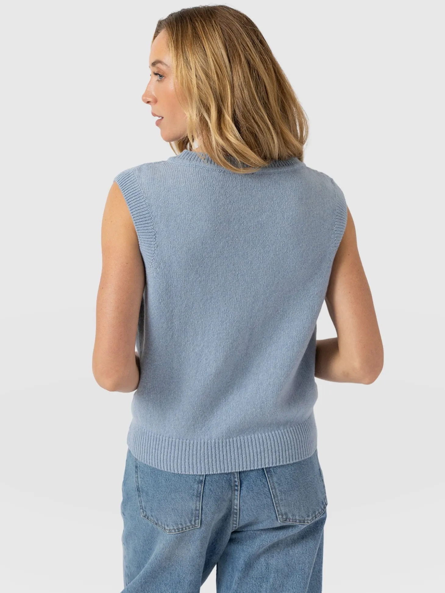 Oxford Cashmere V Neck Sleeveless Knit - Blue