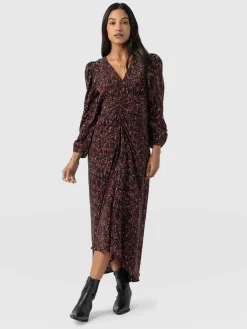 Paloma Ruched Dress - Red Ditsy Leopard