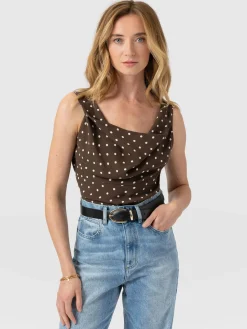 Raye Cowl Cami - Brown Polka Dot