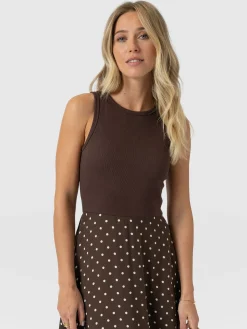 Renee Contrast Frill Dress - Brown Polka Dot