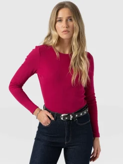 Ribbed Long Sleeve Tee - Fuchsia Pink