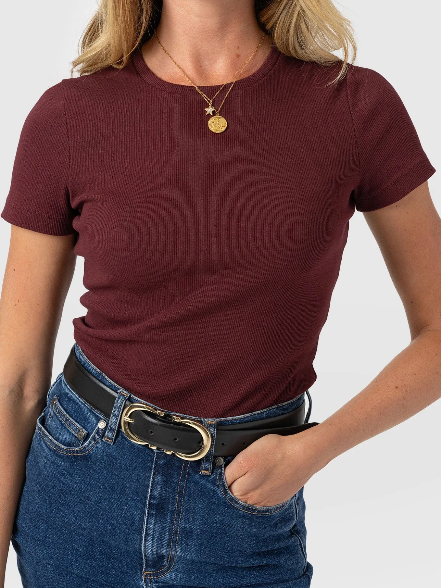 Ribbed Short Sleeve Tee - Burgundy