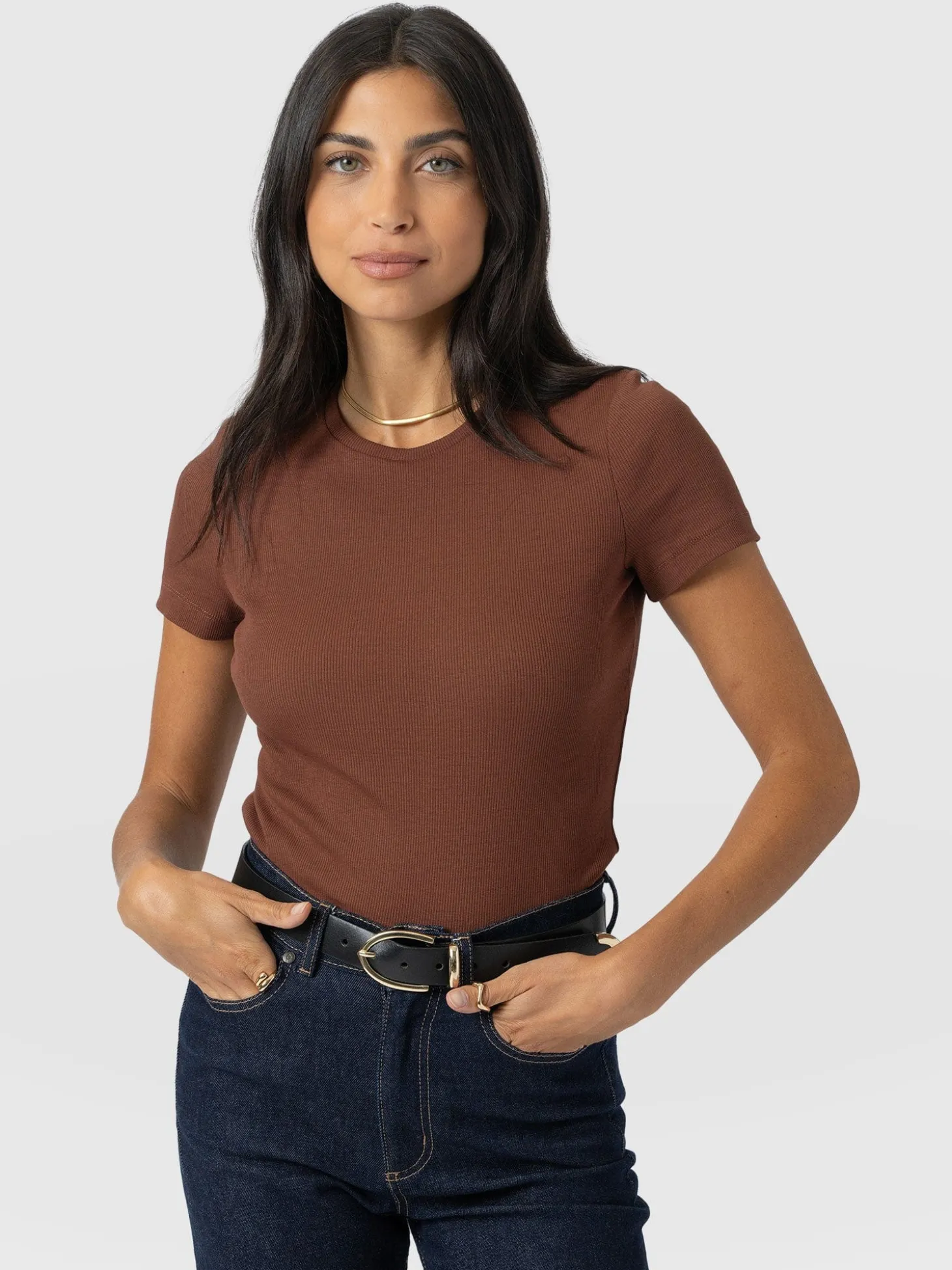 Ribbed Short Sleeve Tee - Russet Brown