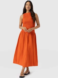 Sadie Shirring Dress - Burnt Orange