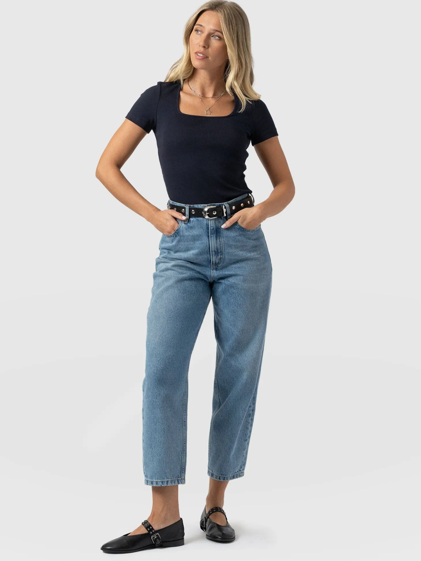 Sloane Ribbed Short Sleeve Tee - Navy