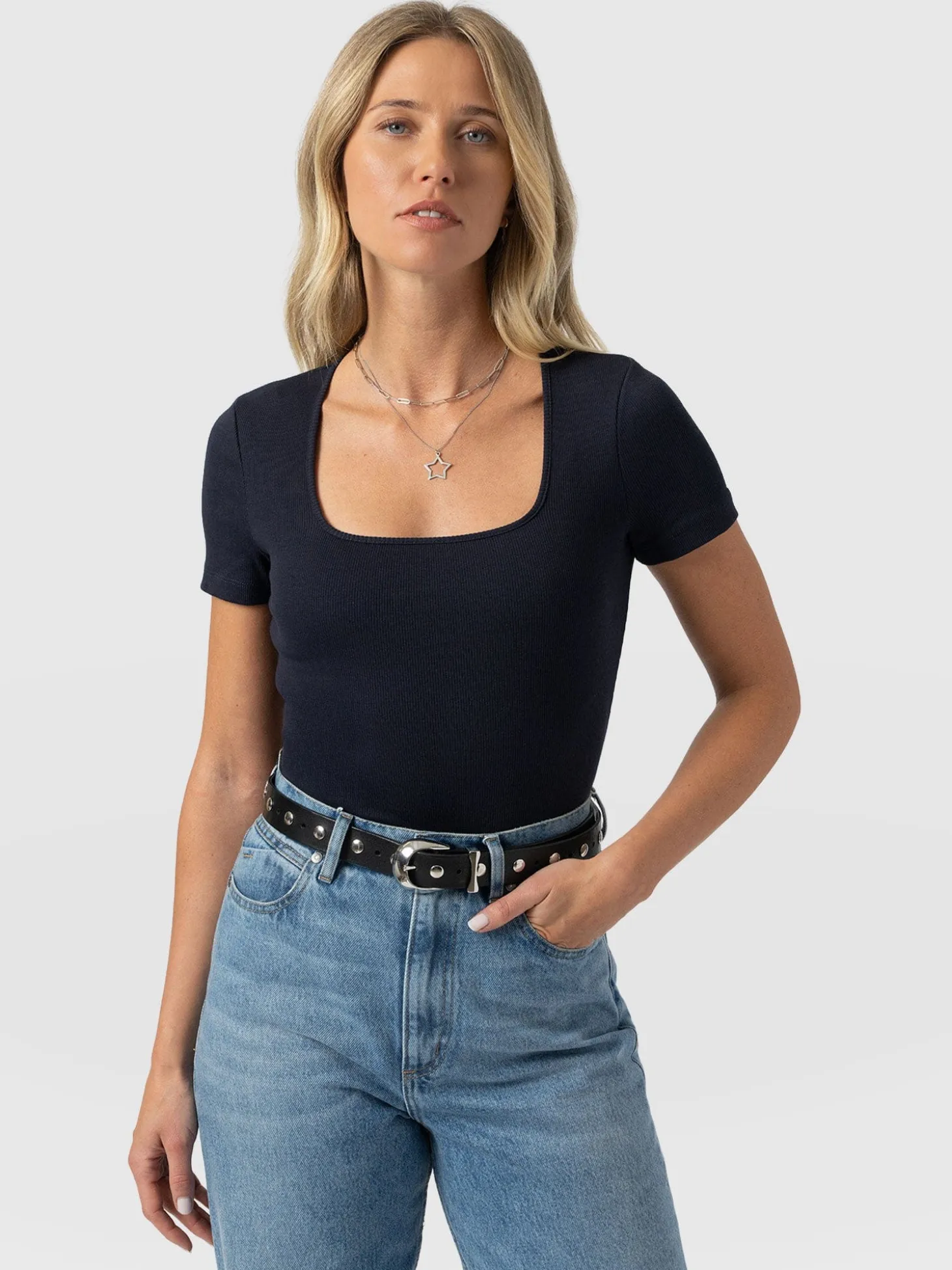 Sloane Ribbed Short Sleeve Tee - Navy