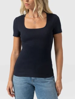 Sloane Ribbed Short Sleeve Tee - Navy