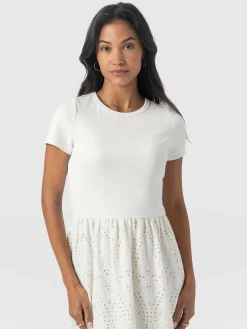 Sophia Contrast Dress - White Broderie