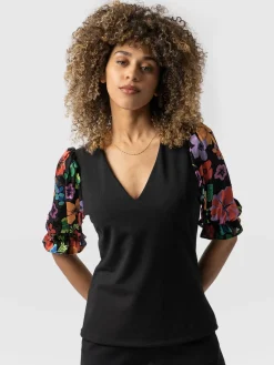 Tori Puff Sleeve Top - Black Pop Floral