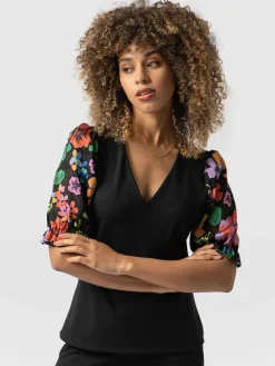Tori Puff Sleeve Top - Black Pop Floral