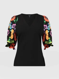 Tori Puff Sleeve Top - Black Pop Floral