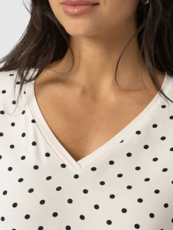 Turn Up Contrast V Neck Tee - Cream Polka Dot
