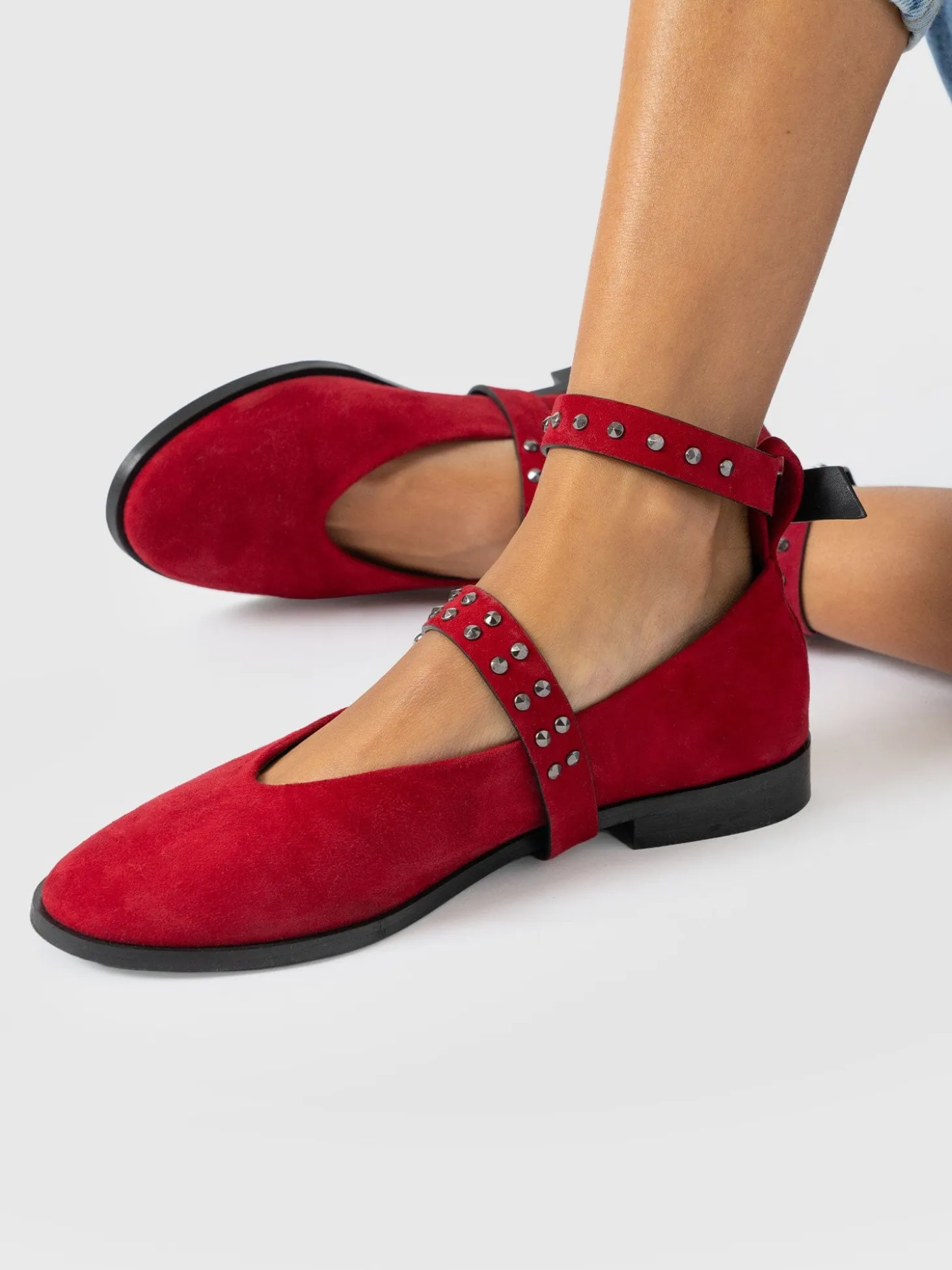 Vega Studded Ballerina Flats - Red Suede